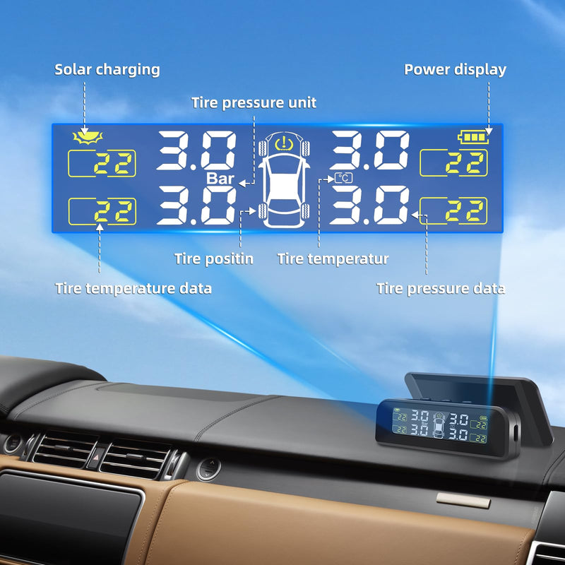 Tire Pressure Monitoring System Solar TPMS,Tire Pressure Monitor System with 4 External Sensors Real-Time Display on Windowshield 22-87 PSI for Car RV SUV MPV Sedan