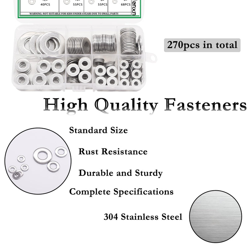 [Australia - AusPower] - 270PCS 8 SAE Sizes 304 Stainless Steel Flat Washers Assortment Kit 1/2 3/8 5/16 1/4 12# 10# 8# 6# for Electrical Connections on Household and Commercial appliances, auto and Marine Q-040-kit 6# -1/2" ID (270PCS) 