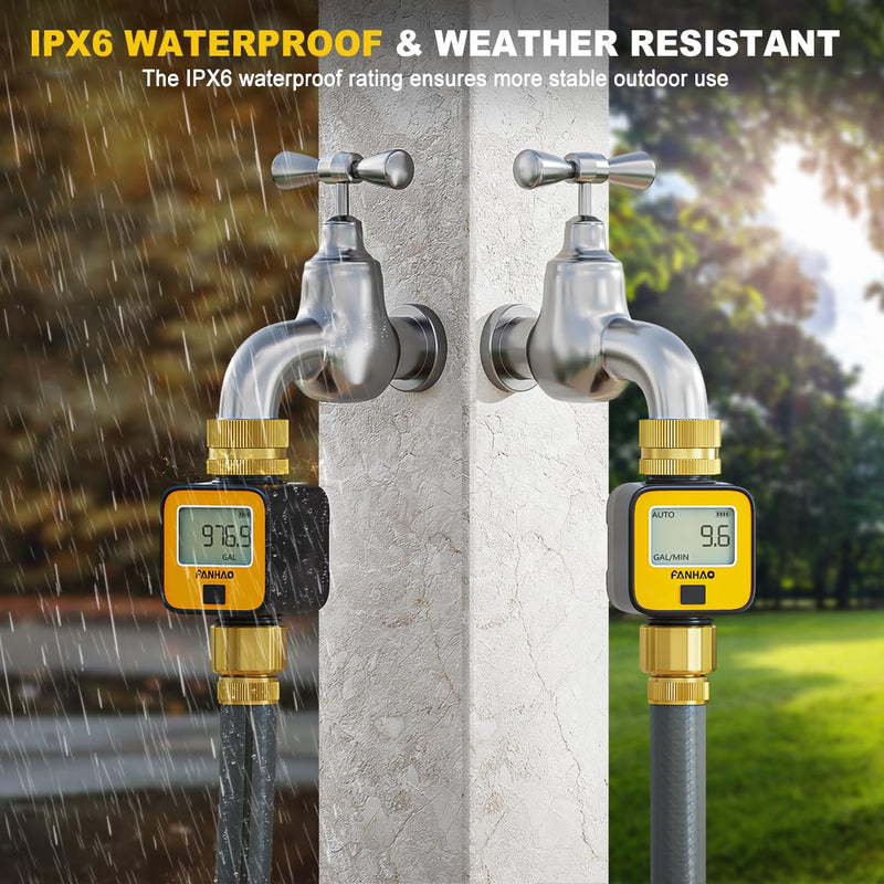 FANHAO Water Flow Meter with Brass Inlet Metal Thread, Measure Gallon/Liter Consumption and Flow Rate, High Accuracy & IPX6 Waterproof for Outdoor Garden Hose Watering, RV Water Tank Filling 1 Pack