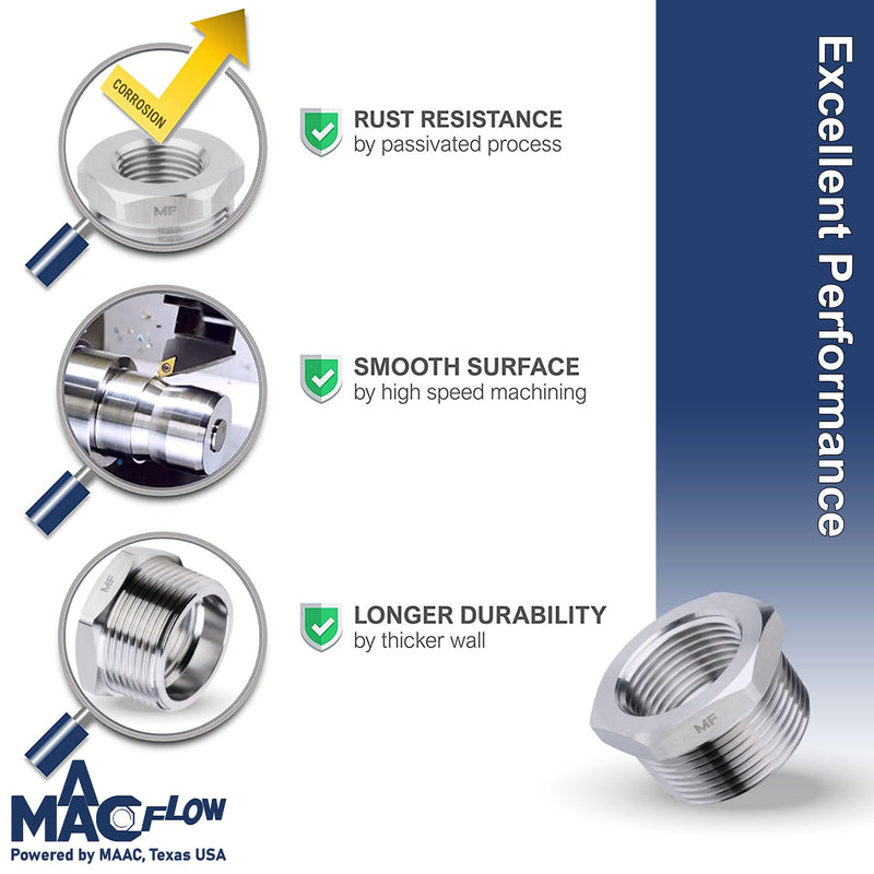 [Australia - AusPower] - MAACFLOW Stainless Steel 1-1/4" Male NPT to 1" Female NPT Adapter Reducer Hex Bushing (Thread OD 1.62"- ID 1.16") (Pack of 1) 1-1/4" MNPT x 1" FNPT Pack of 1 