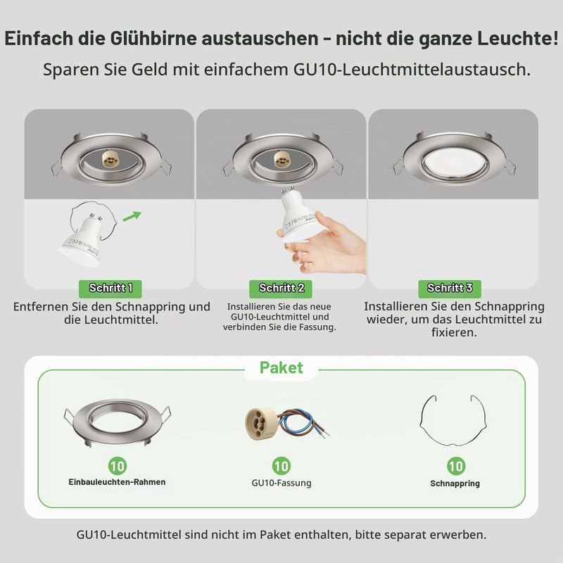 ALUSSO Set of 10 Metal Recessed Spotlights GU10 Frame 68 mm Mounting Frame 230 V | inkl. GU10 Fassung, 30° Schwenkbar, Abnehmbar Einbauspots Decken Spots Badezimmer für LED oder Halogen Leuchtmittel, Nickel Brushed Nickel