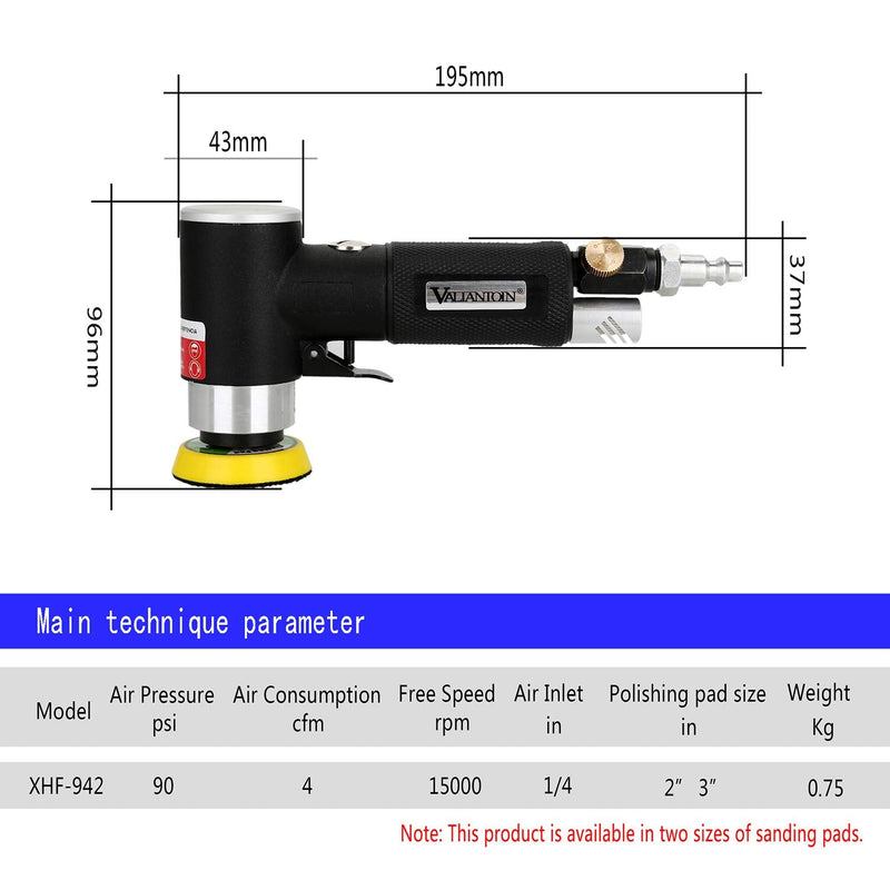 Valianto 2" 3" Mini Air Sander, Pneumatic Sander Random Orbital Eccentric Dual Action Polisher with M6 Thread Plate (2" and 3"),- Adjustable Airflow Valve - US Connector Black