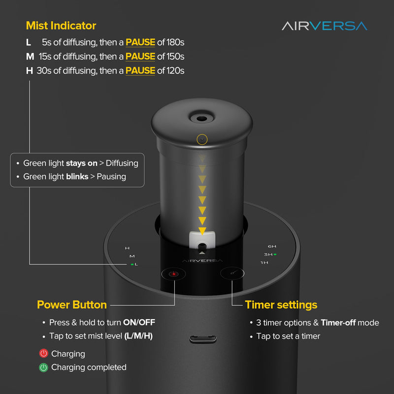 Airversa Waterless Essential Oil Diffuser Starter Kit with 4x10mL Hotel Fragrance Oils for Car Home Office, Premium Aluminum Housing, Aroma Nebulizer Baterry Operated, ANX Kit-D Desert Titanium Titanium2 w/ Oils