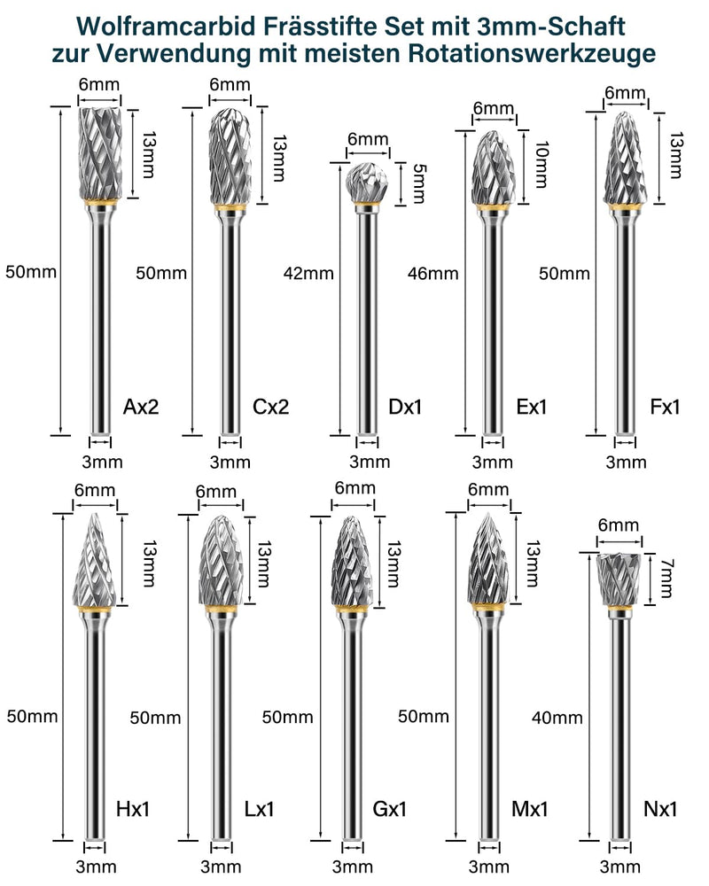 [Australia - AusPower] - Lytool Carbide Burr Set, 12 Pieces Double Cut Rotary Cutter with 3 mm Shank, Dremel Accessories for Wood Carving, Metal Polishing, Engraving, Grinding and Drilling 