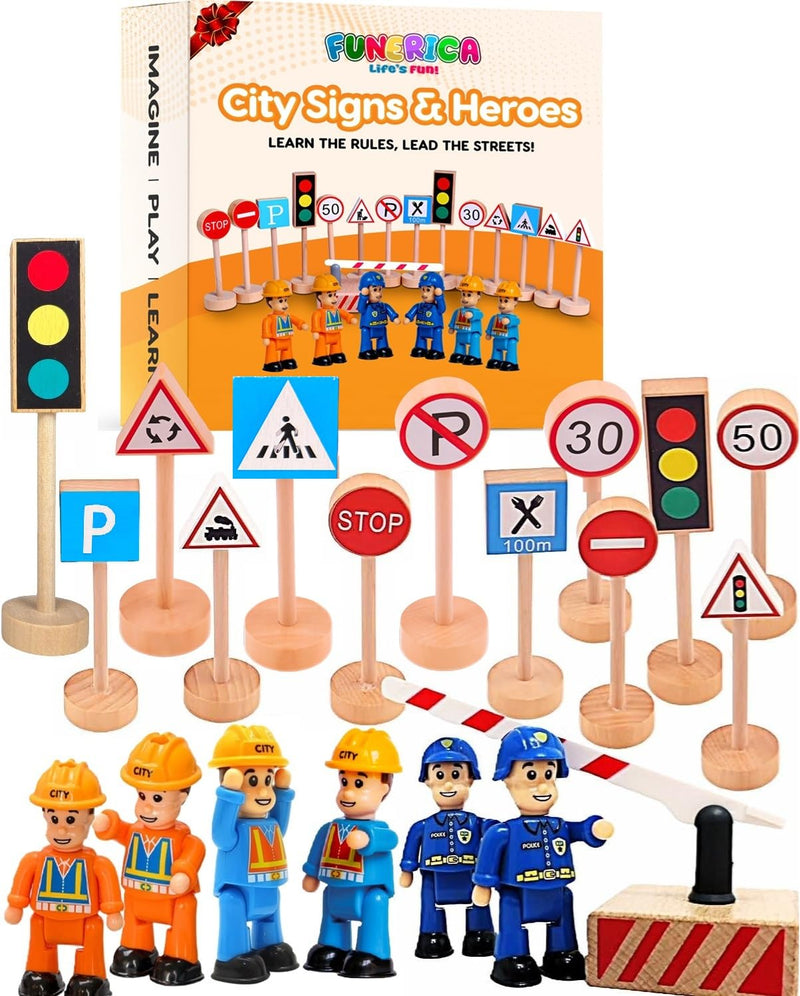 Wooden Traffic Signs & Community Helper Figures Toy Set – Includes Police, City & Construction Workers, Road Signs & Traffic Lights – Works with Train Tracks, Toy Cars, Play Rugs & Mats – Ages 3–10