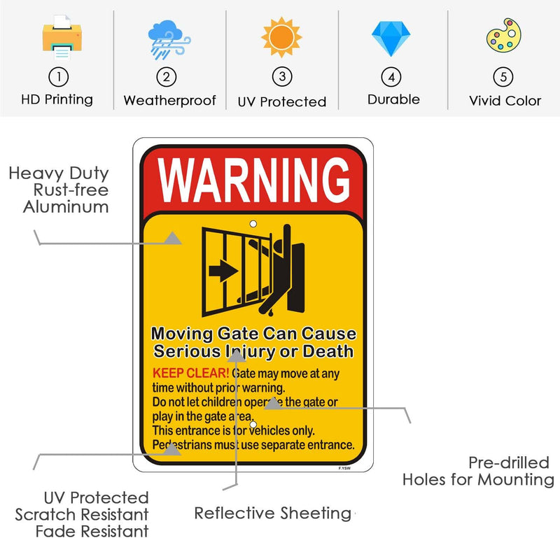 Moving Gate Can Cause Serious Injury or Death Sign Keep Clear Warning Automatic Door Safety Danger Security 10" x 7" With 28" Long Metal Stake Stand Aluminum Outdoor Use Yard Business Home