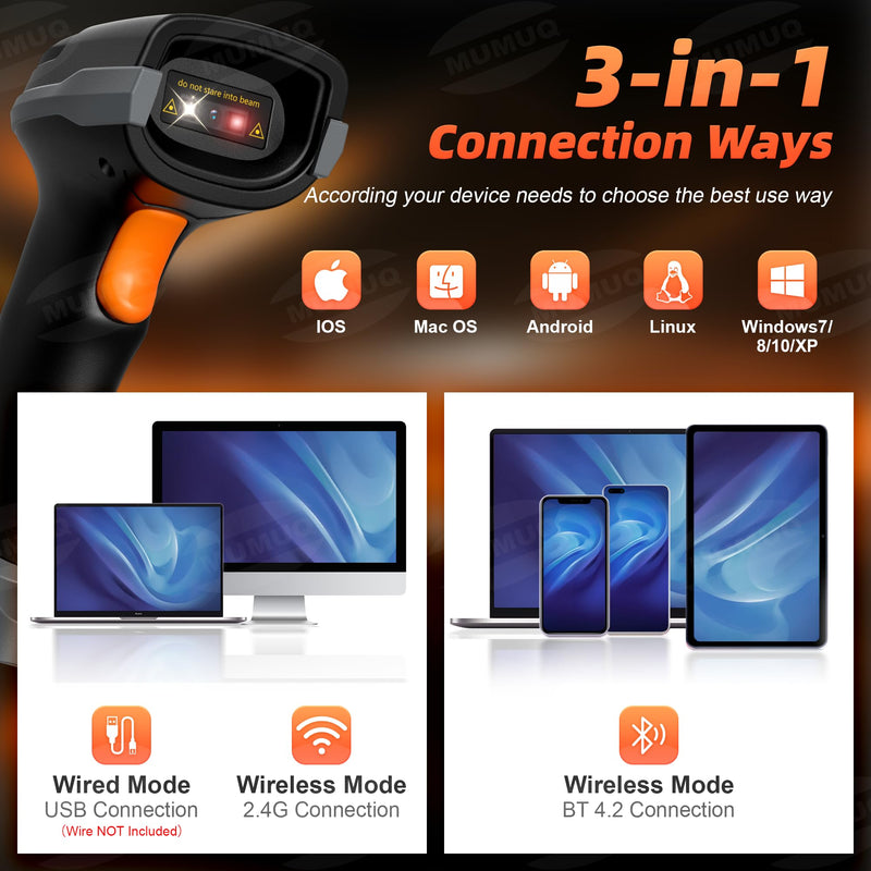 Wireless Barcode Scanner, 2D 1D Bluetooth Scanner Handheld Bar Code Reader for Tablet iPhone iPad Android iOS PC POS with Charging Dock