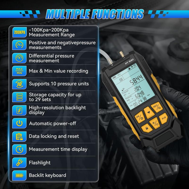[Australia - AusPower] - PT520 Digital Manometer,HVAC Manometer,Manometer Gas Pressure Tester,-100 to 200Kpa Measurement Range,10 Pressure Measurement Units,Data Locking&Storage 
