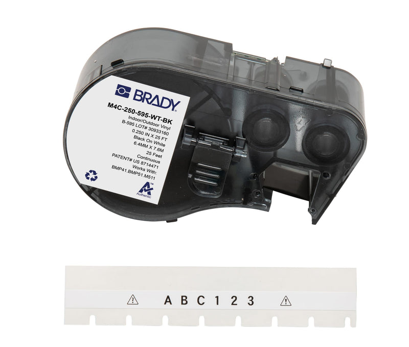 Brady Authentic (M4C-250-595-WT-BK) All-Weather Permanent Adhesive Vinyl Labels 0.25 in W x 25ft Black on White. for use with BMP41, BMP51, M410, M510, and M511 Label Printers.