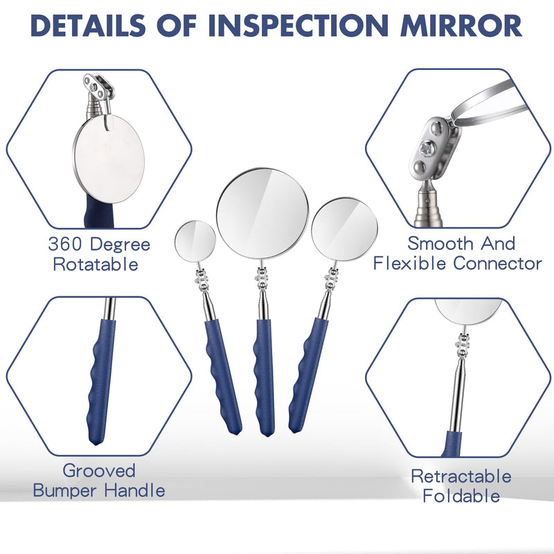[Australia - AusPower] - 3 Pieces Telescoping Inspection Mirror Stainless Steel Mechanic Mirror with Long Handle Extendable Mirror Telescoping Mirror Tool for Technicians Mechanics Contractors (Round) Round 