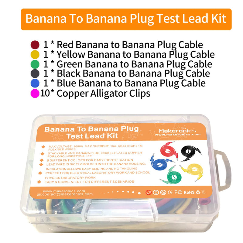 [Australia - AusPower] - Makeronics 5pcs Banana to Banana Plug Test Lead Set for Multimeter | 4mm Stackable Banana Plug | 39.37inch / 1m length Flexible Electrical Test Wires 1000V/15A | 5 Colors (Black/Red/Green/Blue/Yellow) 