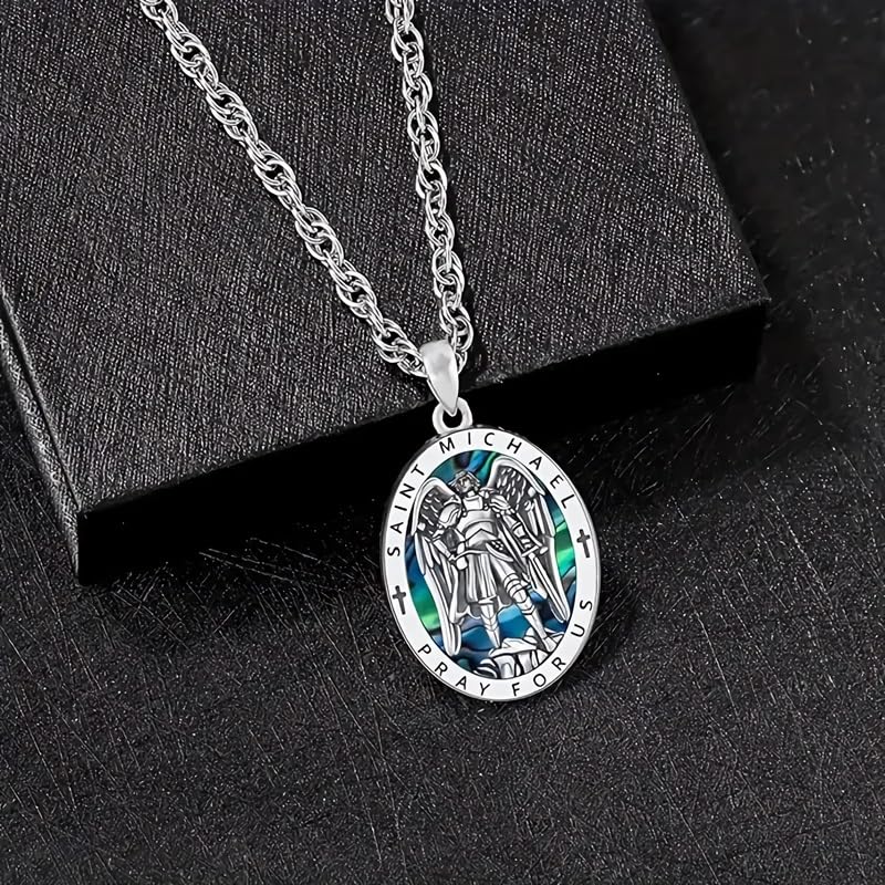 Saint Michael Necklace - St. Michael Archangel Pendant with Prayer Inscription, Stainless Steel Religious Jewelry for Men and Women, Protective Amulet with Abalone Shell Inlay