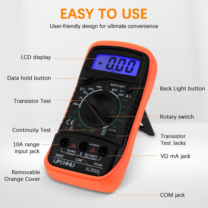 [Australia - AusPower] - Digital Multimeter Voltmeter Battery Voltage Multi Tester Continuity Ohm Volt Amp DC AC Current Resistance Diodes 2000 Counts Electrical Test Meter with Leads Backlight LCD Display Compact 