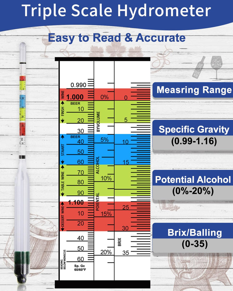 [Australia - AusPower] - CIMALAB Triple Scale Hydrometer, Specific Gravity Hydrometer for Wine Making, Mead, Kombucha & Beer, Mead Making Kit, ABV Tester, Brix Tester, Hydrometer Alcohol Tester for Wine Making Supplies 