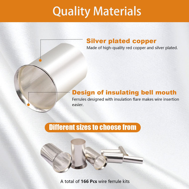 [Australia - AusPower] - 166 Pcs Wire Ferrules Kits Silver Plated Copper Crimp Terminal Connector 8 Sizes AWG (1/0 2/0 2 4 6 8 10 12) Sleeves Insulated Cord Pin End Terminal M-020 166PCS 