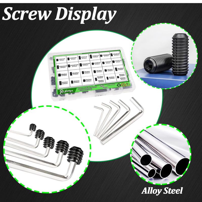 [Australia - AusPower] - 535PCS Set Screw Assortment Kit Metric + SAE 26 Size 12.9 Class Alloy Steel Grub Screw Internal Hex Drive Cup-Point Allen Screws Set M3 to M8 and 1/8-40 to 5/16-18 Black 535pcs 