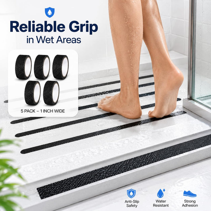 5 Pcs Grip Tape Rubber Anti Slip, 1 in x 49 Ft Non Slip Tapes Adhesive Back Waterproof for Handlebar, Black Tape for Tool Handle Grip