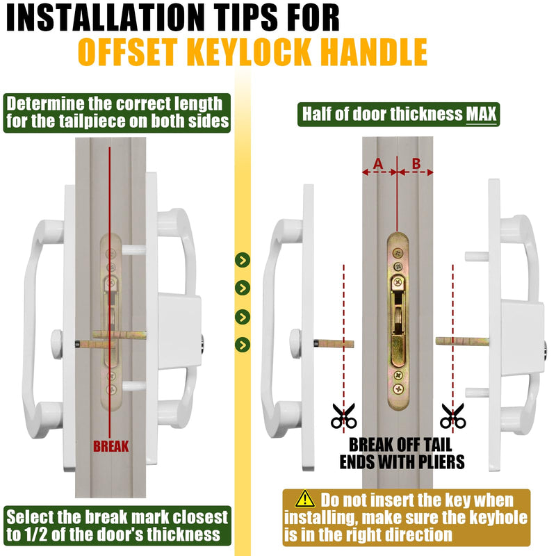 Patio Sliding Glass Door Handle Set with Mortise Lock 45° Keyway, Keyed Offset Position Zinc Diecast I/E Pull Handles, Fits 3-15/16" H.C., 1-3/8" to 2-1/4" Thick Doors, Non-Handed, White