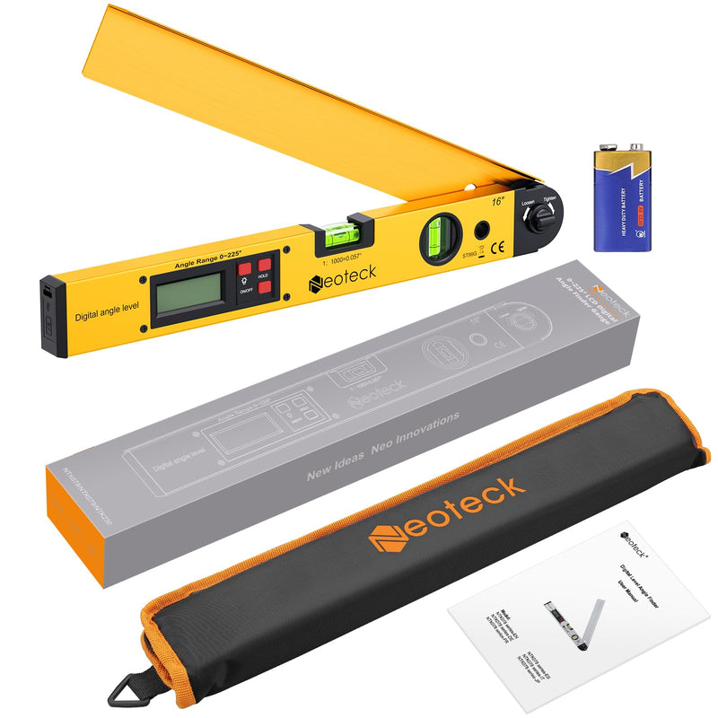 [Australia - AusPower] - Neoteck 225° 16 inch Digital Angle Finder Aluminum Protractor with LCD Backlight Digital Angle Measuring Tool with Horizontal and Vertical Bubble for Woodworking, Construction, Machinery - Golden Gold 