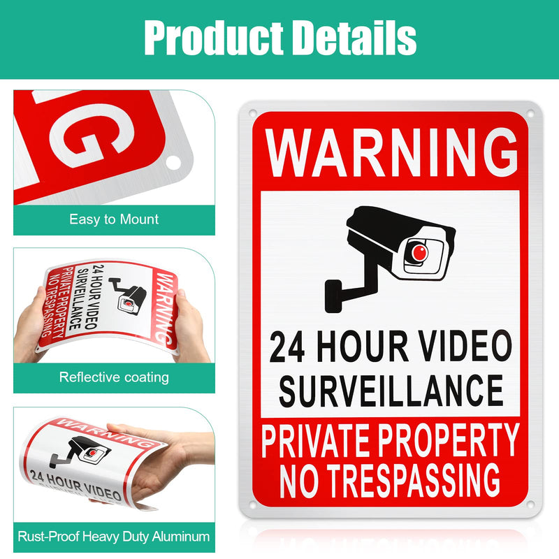 Blulu 16 Pack Private Property No Trespassing Sign 7 x 10'' No Smoking 24 Hour Video Surveillance Sign Reflective Coated Aluminum Warning Plaque for Home Business(Video Surveillance) 7 x 10''