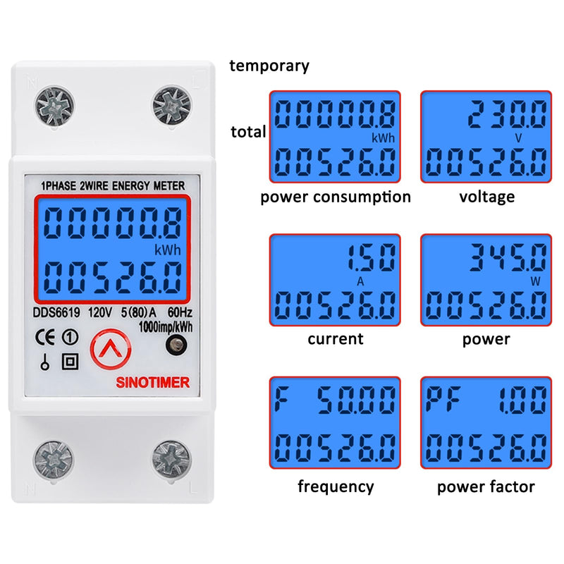 [Australia - AusPower] - DDS6619 Din Rail Single Phase Energy kWh Electric Meter 120VAC 5(80) A 60Hz Power Consumption Meter Watt Meter, LCD Backlight Digital Display with Reset Function 