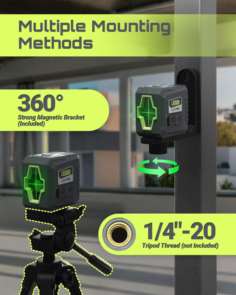 LASGOO Mini Self-Leveling Green Laser Level, Cross Line Laser ideal for Picture Hanging and Construction, Includes Magnetic Rotating Stand and Batteries, Compact and Portable