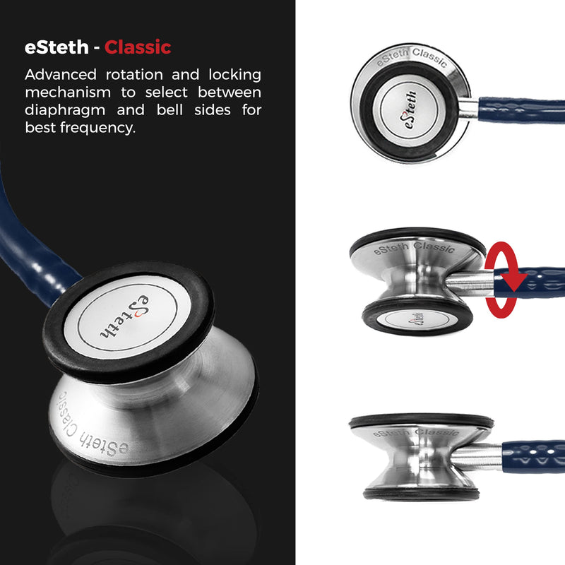 [Australia - AusPower] - eSteth Classic Stethoscope - Sensitive Chest Piece for Monitoring Amplified Heart & Lung Sounds - Lightweight, Flexible Stethoscope Tubing - Extra Ear Tips & Non-Chill Ring - 32" Long, Navy Blue 