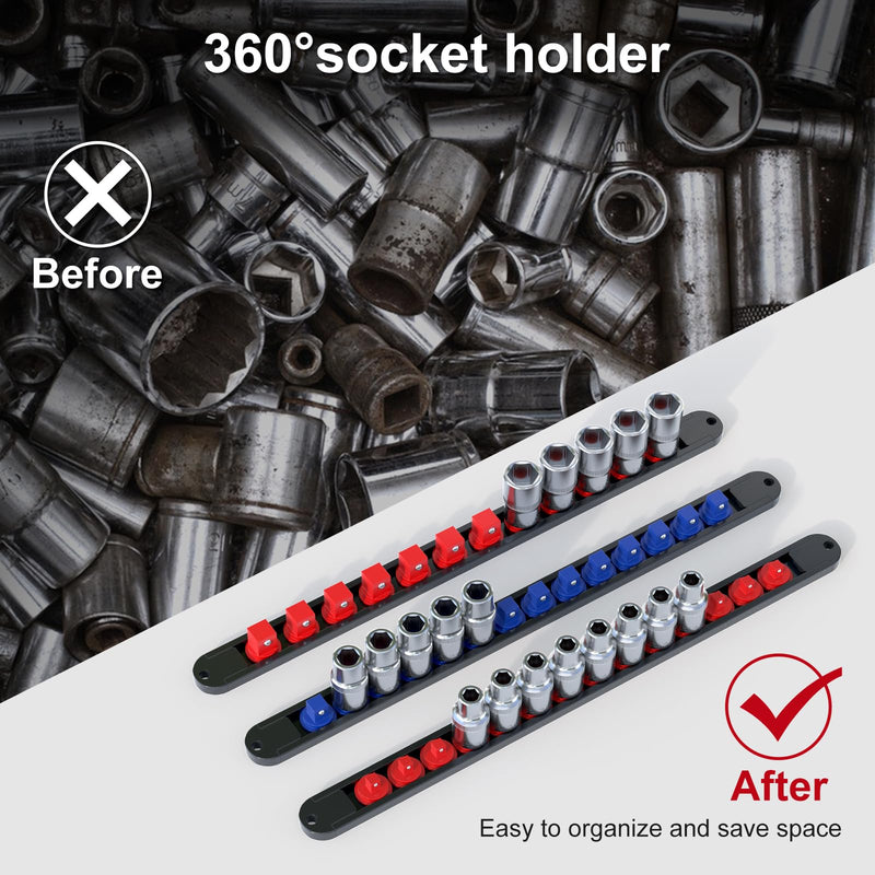 FIVEPEARS 6PCS 360° Socket Organizer Twist Lock,3/8 1/4 1/2 Socket Storage Rails, Premium Quality Socket Holders for Tool Box ，Tool Carts，Contains up to 80 Clips (Blue & Red) REDBLUE-6