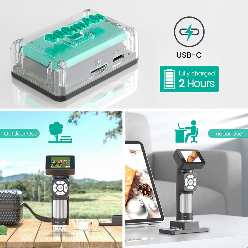 [Australia - AusPower] - Andonstar AD112 Portable Pocket Microscope Kit for Kids and Adults with 2" LCD Screen, Mini Handheld Digital Microscope 500X with 8 Adjustable LED Lights, Windows PC Compatible, 32GB SD Card Included 