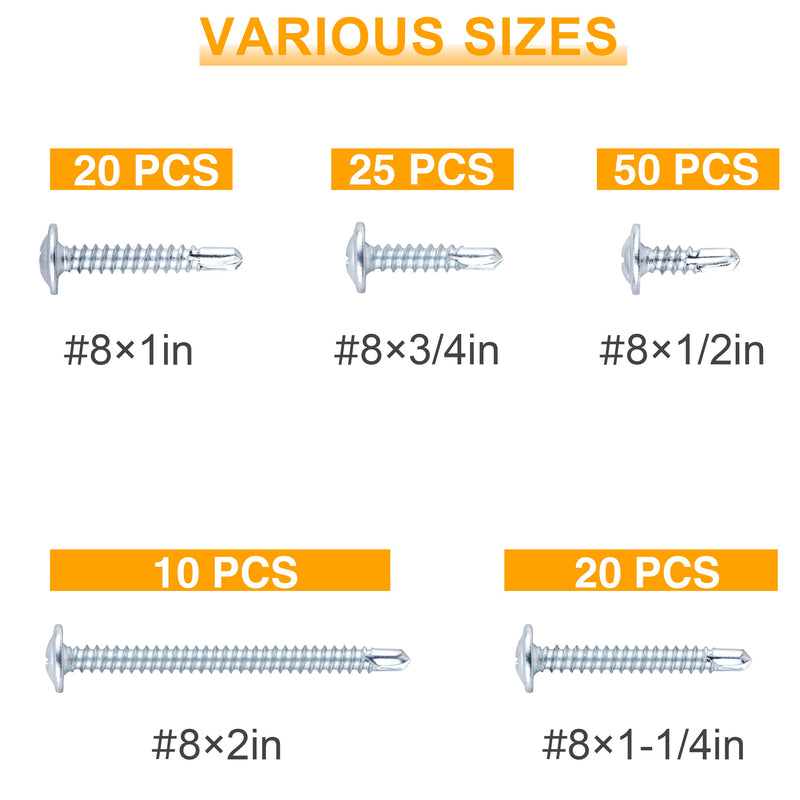 [Australia - AusPower] - KURUI Self Tapping Screws Assortment Kit, 8 sheet metal screws for Metal Wood & plastic, 125Pcs Galvanized Truss Head Self Drilling Screws in 5 Sizes (1/2, 3/4, 1-1/4, 1in, 2in) 