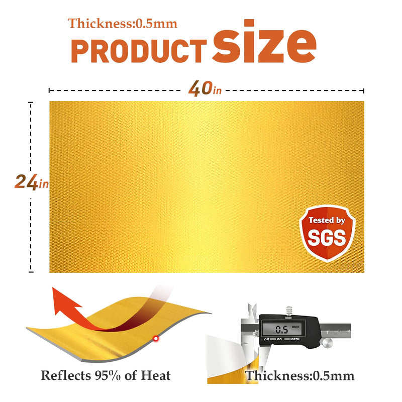 Gold Heat Shield Tape - Reflects 95% of Radiant Heat, 24" x 40" Heat Shield Wrap for Automotive, Fridge, Stove, Exhaust, Motorcycle, Fireplace, and Cabinet Protection (Gold) Gold 24" x 40" x 0.02"