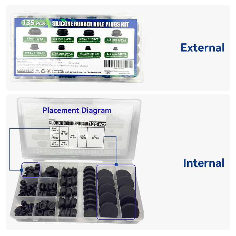 [Australia - AusPower] - 135Pcs Black Silicone Rubber Plugs for Round Holes Grommet Kit, 8 Assorted Sizes (1" 3/4" 5/8" 1/2" 3/8" 5/16" 1/4" 1/5") General Snap Locking Caps for Motorcycle, Furniture, Automotive, Plumbing 