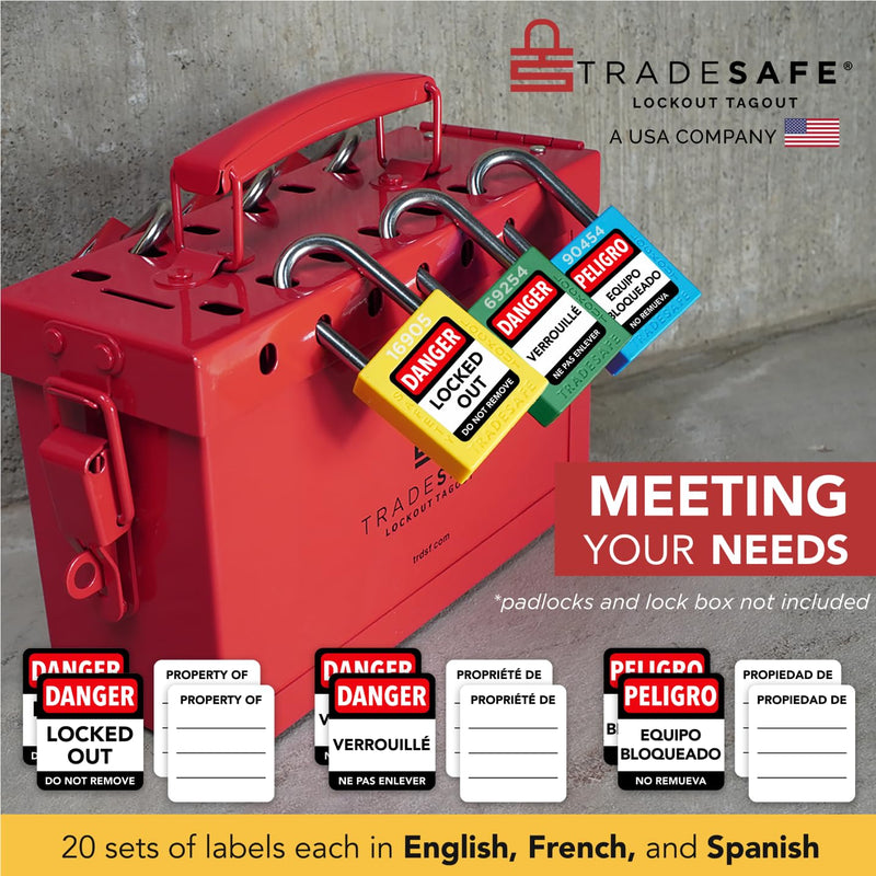 TRADESAFE Lockout Tagout Locks Label, Lock Out Tag Out Padlock Labels in English, Spanish, French, Danger Locked Out, Do Not Remove Loto Locks Stickers English, Spanish, French | 60-Pack