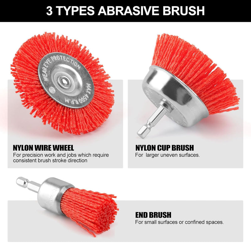 [Australia - AusPower] - POLIWELL Nylon Filament Brush 9 Pack, Abrasive Wire Brush Wheel & Cup Brush Set, Drill Bit Sanding Brush with 1/4” Hex Shank for Steel Rust Removing, Grill Cleaning, Flaking Paint Refinishing 