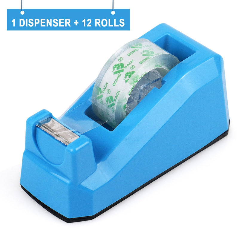 BOMEI PACK Transparent Tape Dispensers Desk, 1 Pack Blue with 12Rolls Transparent Tape, 1 Inch Core, for Gift Wrapping, School, Office and Home