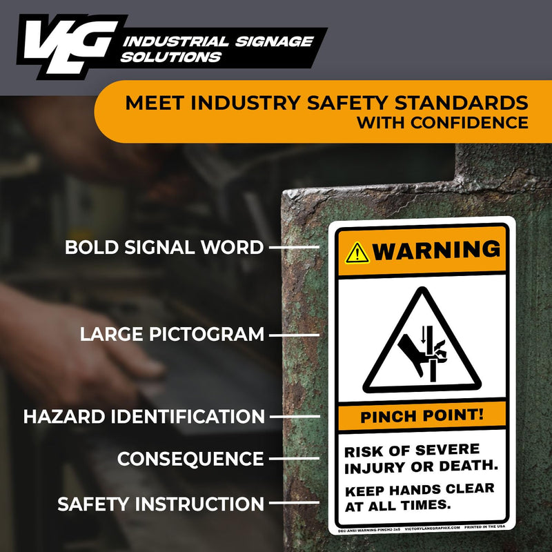 WARNING Pinch Point Labels #2 (10-Pack) – ANSI Z535 Safety Stickers, 3” x 5” Industrial Hazard Decals, OSHA Compliant, Waterproof Vinyl, Heavy Equipment & Machinery Safety Signs
