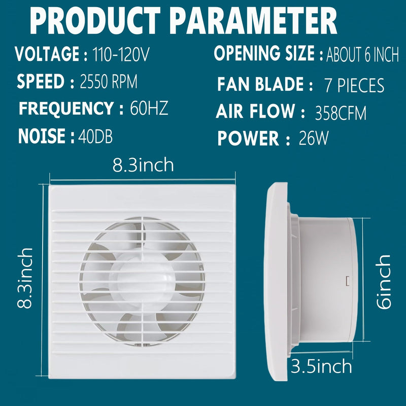 6 Inch Exhaust Fan, 26W Wall Mount Small Ventilation Fan With Switch, 139CFM Ventilation Extractor Fan With Anti-backflow Check Valve Ultra Thin For Bathroom Kitchen Garage(White) square shape