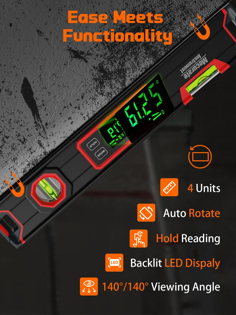 [Australia - AusPower] - Mecurate 16-Inch Digital Level, Portable Electronic Angle Finder with Backlit Display, ±0.1° Accuracy, Magnetic Base, 4 Measurement Units, Compact Torpedo Smart Level Tool for DIY & Professional Use Red 