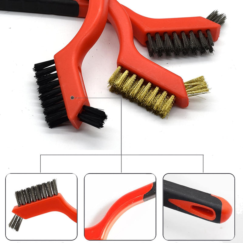 [Australia - AusPower] - Wire Brush 3Pcs Metal Scrubber - Nylon/Brass/Stainless Steel Bristles with Curved Handle Grip for Cleaning Rust Removal, Dirt, Paint Scrubbing with Deep Cleaning – 7 Inches 3 Pcs Red 