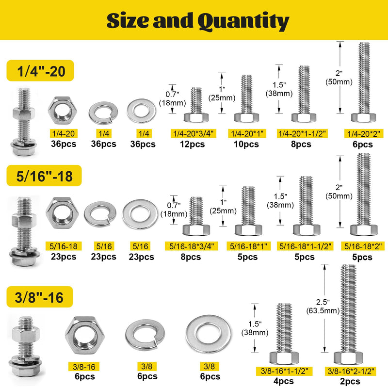 [Australia - AusPower] - 260PCS SAE 1/4-20, 5/16-18, 3/8-16 Hex Bolts Assortment Kit & 225PCS Metric M4 M5 M6 Machine Screws Assortment Kit Silver 