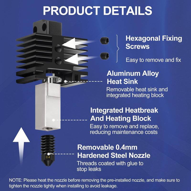 Hotend Kit for Bambu Lab P1P/P1S, 3D Printer Hot End Replacement with Hardened Steel Nozzle 0.4mm, High Speed & Temperature Extruder Heating Block Hot End for Bambu Lab P1 Series 3D Printers 1 Pack-0.4MM
