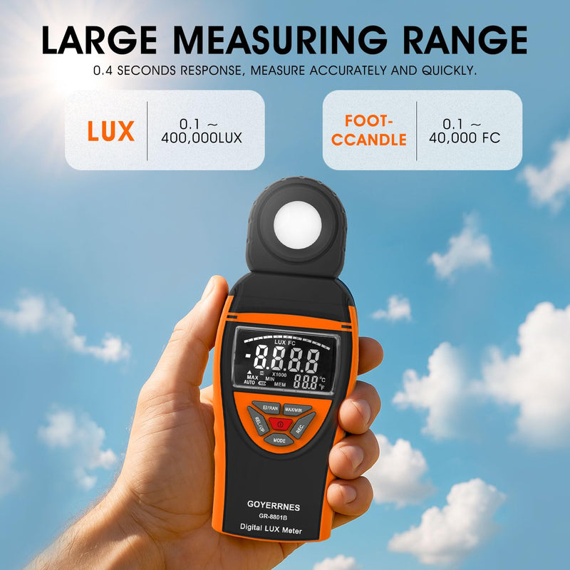 [Australia - AusPower] - Illuminance Light Meter, Digital Lux Foot Candles Meter 0.1~400,000 Lux (0.1~40,000 FC) with 270º Rotatable Detector, Lumen Meter Luxmeter for Indoor Outdoor 