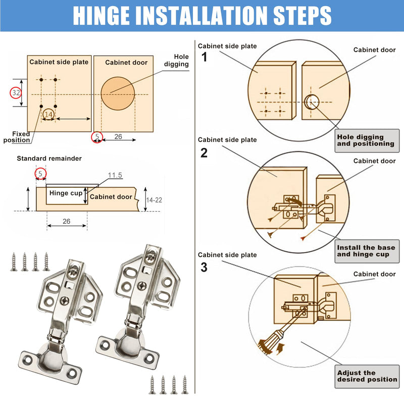10 Pcs 26mm Frameless Soft Close Cabinet Hinge 90 Degree Full Overlay Kitchen Door Hinge Concealed Kitchen Cupboard Hinges Cupboard Door Hinges with Screws 10