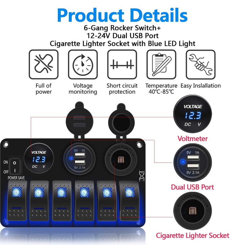 FXC Waterproof Marine Boat Rocker Switch Panel 6 Gang with 3.1A Dual USB Slot Socket + Cigarette Lighter +LED Voltmeter with Power-Save for Car Rv Vehicles Truck (6 Gang Blue LED)