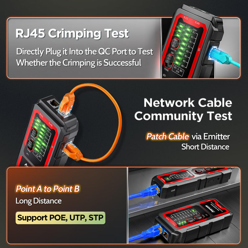 [Australia - AusPower] - AMPCOM Wire Tracker & Network Cable Tester with PoE Detection, RJ45/RJ11 Line Tracer, USB-C Rechargeable, LED Light, for LAN/Ethernet/Telephone Continuity Testing 