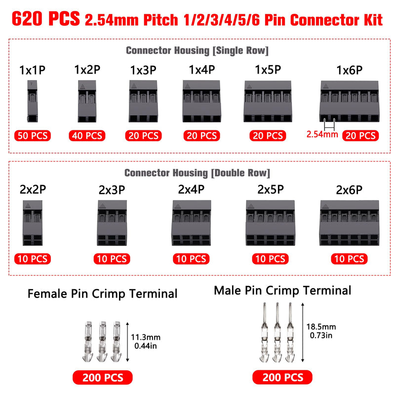 YIXISI 620 Pieces 2.54 mm Pitch 1/2/3/4/5/6 Pin Dupont Connector Kit, Pin Header Plug Housing, Dupont Male Female Crimp Connector
