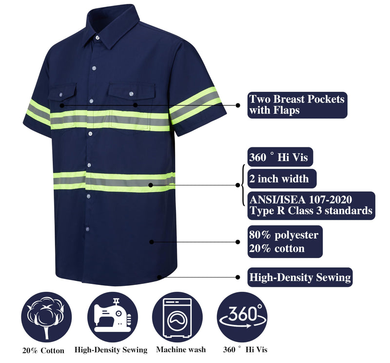Ousafeve Class 3 Hi Vis Button Up Safety Work Shirts for Men Reflective Medium Navy_short