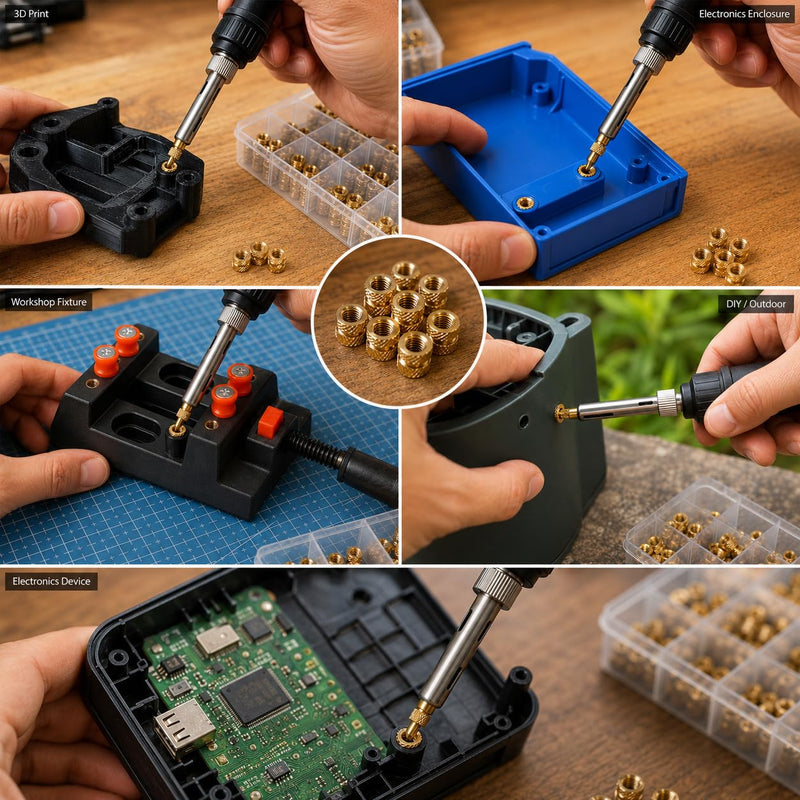 Threaded Inserts Set 310 Pieces Brass with Soldering Tips M2-M8 | 60W 180-500°C Rotary Knob, 300 Pieces Brass Melting Nuts Soldering Tips for 3D Printing & Plastic
