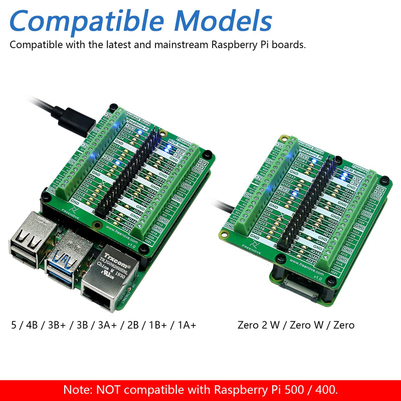 [Australia - AusPower] - Freenove Breakout Board for Raspberry Pi 5 / 4B / 3B+ / 3B / 3A+ / 2B / 1B+ / 1A+ / Zero 2 W/Zero W/Zero, Terminal Block Shield HAT with Pin Header, GPIO Status LED 