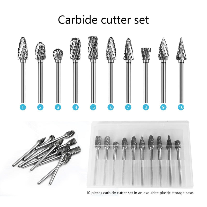 [Australia - AusPower] - Carbide Burrs, 10 Pieces Double Cut Metal Router Bit Dremel Grinding Attachments for Grinding, Carving, Metal Polishing, Engraving, Drilling 